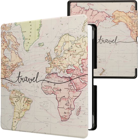 kwmobile e-reader hoesje geschikt voor Amazon Kindle Scribe (2024) hoes - E reader flip case met magnetische sluiting - Ereader cover - Travel Wereldkaart design in zwart / meerkleurig van Merkloos