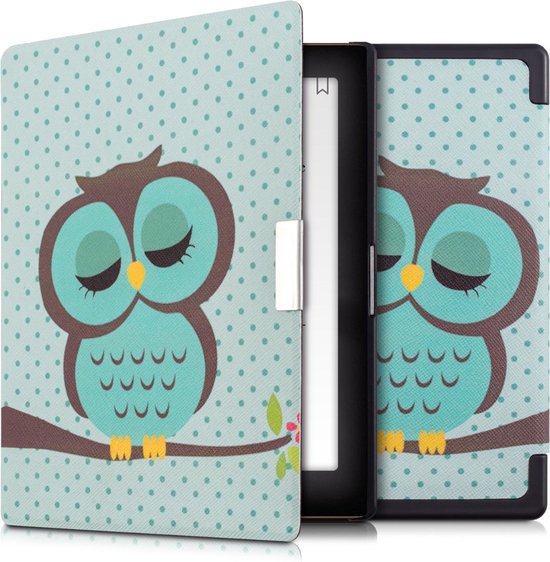 kwmobile e-reader hoesje geschikt voor Kobo Aura Edition 1 hoes - E reader flip case met magnetische sluiting - Ereader cover - Slapende Uil design in turquoise / bruin / mintgroen van Merkloos