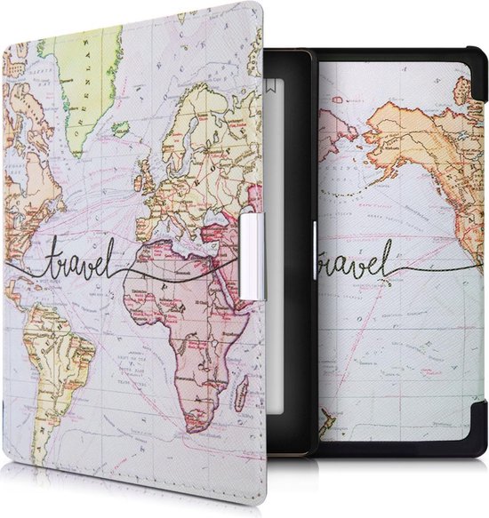 kwmobile e-reader hoesje geschikt voor Kobo Aura Edition 1 hoes - E reader flip case met magnetische sluiting - Ereader cover - Travel Wereldkaart design in zwart / meerkleurig van Merkloos