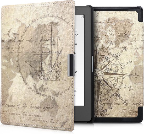 kwmobile e-reader hoesje geschikt voor Kobo Aura Edition 1 hoes - E reader flip case met magnetische sluiting - Ereader cover - Vintage Travel design in bruin / lichtbruin van Merkloos