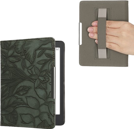 kwmobile e-reader hoesje geschikt voor Kobo Aura Edition 2 hoes - E reader flip case met magneetsluiting - Ereader cover - Bloemen in reliëf design in groen