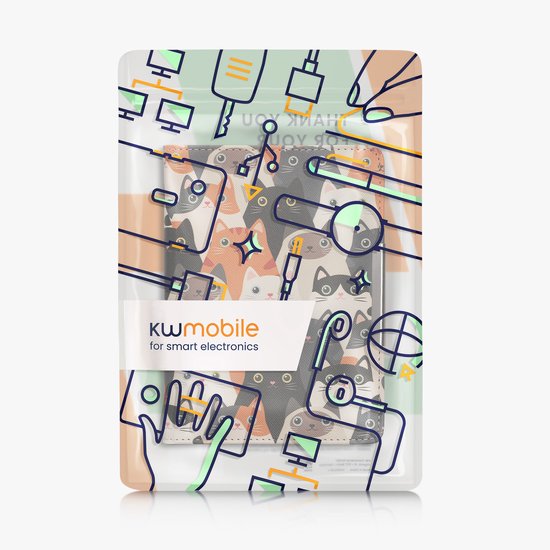 kwmobile e-reader hoesje geschikt voor Kobo Aura Edition 2 hoes - E reader flip case met magneetsluiting - Ereader cover - Katten design in oranje / zwart / wit