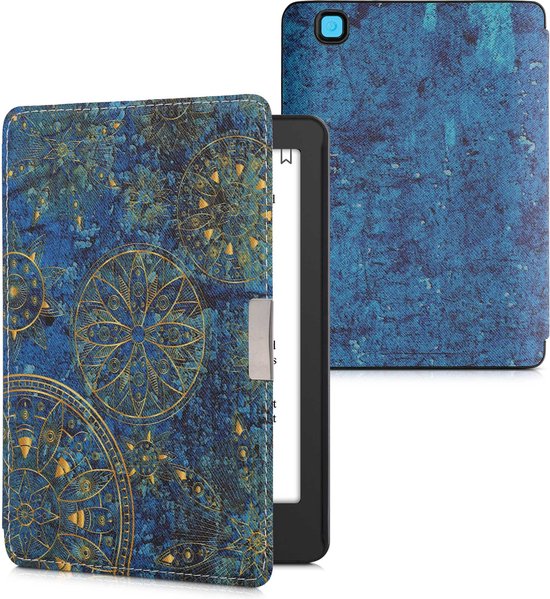 kwmobile e-reader hoesje geschikt voor Kobo Aura Edition 2 hoes - E reader flip case met magnetische sluiting - Ereader cover - Mandala design in geel / donkerblauw van kwmobile