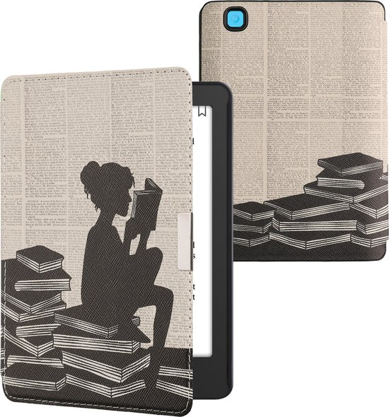 kwmobile e-reader hoesje geschikt voor Kobo Aura Edition 2 hoes - E reader flip case met magnetische sluiting - Ereader cover - Meisje met boeken design in zwart / beige van Merkloos