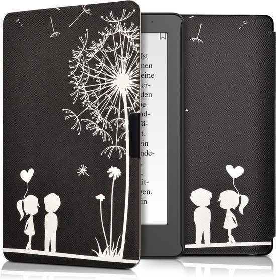kwmobile e-reader hoesje geschikt voor Kobo Aura Edition 2 hoes - E reader flip case met magnetische sluiting - Ereader cover - Paardenbloemen Liefde design in wit / zwart van Merkloos