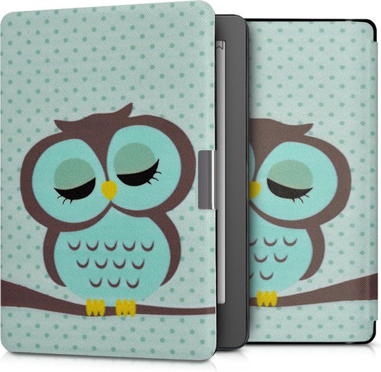 kwmobile e-reader hoesje geschikt voor Kobo Aura Edition 2 hoes - E reader flip case met magnetische sluiting - Ereader cover - Slapende Uil design in turquoise / bruin / mintgroen van Merkloos