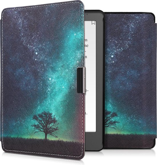 kwmobile e-reader hoesje geschikt voor Kobo Aura Edition 2 hoes - E reader flip case met magnetische sluiting - Ereader cover - Sterrenstelsel en Boom design in blauw / grijs / zwart van Merkloos