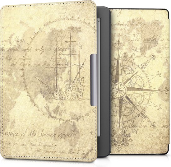 kwmobile e-reader hoesje geschikt voor Kobo Aura Edition 2 hoes - E reader flip case met magnetische sluiting - Ereader cover - Vintage Travel design in bruin / lichtbruin van Merkloos