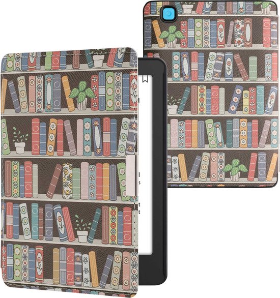 kwmobile e-reader hoesje geschikt voor Kobo Aura Edition 2 hoes - E reader flip case met magnetische sluiting - Ereader cover - Zomerse bibliotheek design in blauw / groen / roze van Merkloos