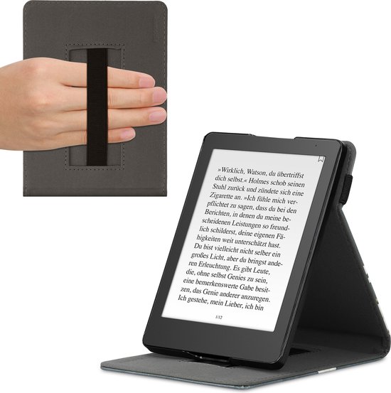 kwmobile e-reader hoesje geschikt voor Kobo Aura Edition 2 hoes - Ereader flip case met standaard - Kunstleren e reader cover - Magnolia design in taupe / wit / donkergrijs van Merkloos