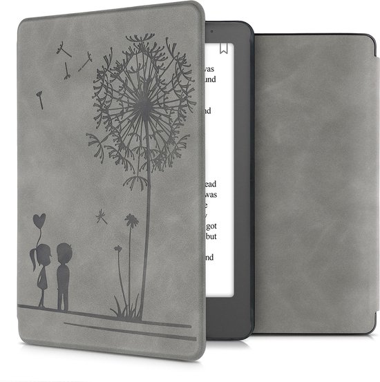 kwmobile e-reader hoesje geschikt voor Kobo Aura Edition 2 hoes - Ereader flip case met standaard - Kunstleren e reader cover - Paardenbloemen Liefde design in grijs van Merkloos