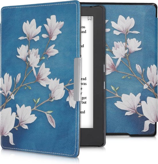 kwmobile e-reader hoesje geschikt voor Kobo Aura H2O Edition 1 hoes - E reader flip case met magnetische sluiting - Ereader cover - Magnolia design in taupe / wit / blauwgrijs van Merkloos