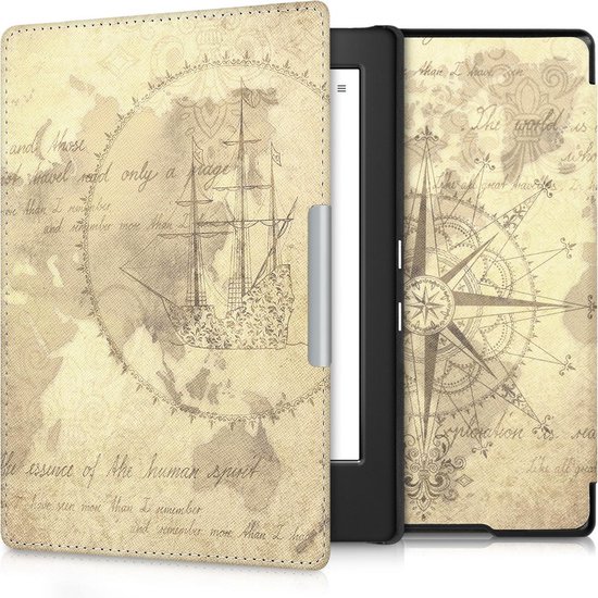 kwmobile e-reader hoesje geschikt voor Kobo Aura H2O Edition 1 hoes - E reader flip case met magnetische sluiting - Ereader cover - Vintage Travel design in bruin / lichtbruin van Merkloos