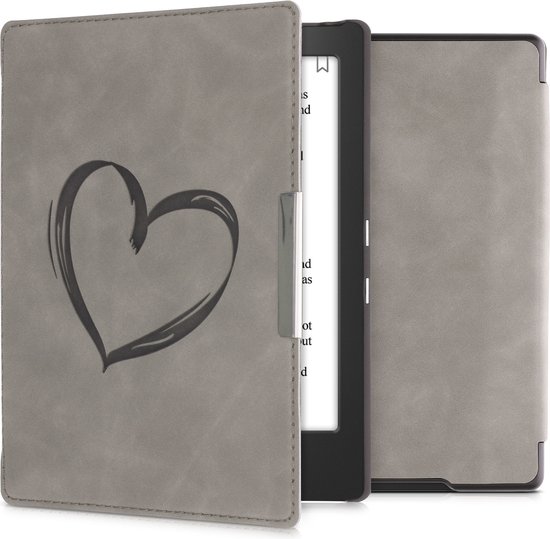 kwmobile e-reader hoesje geschikt voor Kobo Aura H2O Edition 1 hoes - Ereader flip case met standaard - Kunstleren e reader cover - Brushed Hart design in grijs van Merkloos