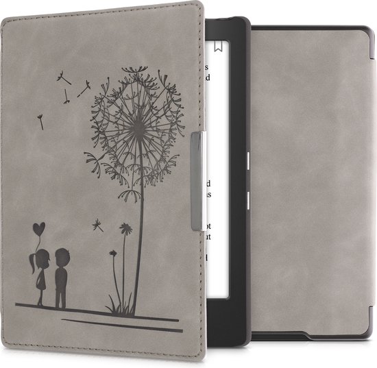 kwmobile e-reader hoesje geschikt voor Kobo Aura H2O Edition 1 hoes - Ereader flip case met standaard - Kunstleren e reader cover - Paardenbloemen Liefde design in grijs van Merkloos