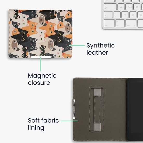 kwmobile e-reader hoesje geschikt voor Kobo Aura H2O Edition 2 hoes - E reader flip case met magneetsluiting - Ereader cover - Katten design in oranje / zwart / wit