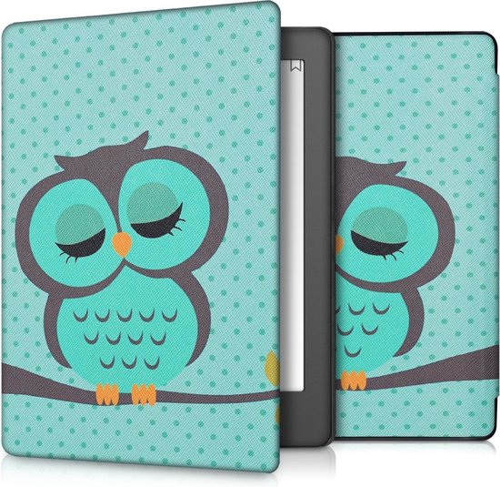 kwmobile e-reader hoesje geschikt voor Kobo Aura H2O Edition 2 hoes - E reader flip case met magnetische sluiting - Ereader cover - Slapende Uil design in turquoise / bruin / mintgroen van Merkloos