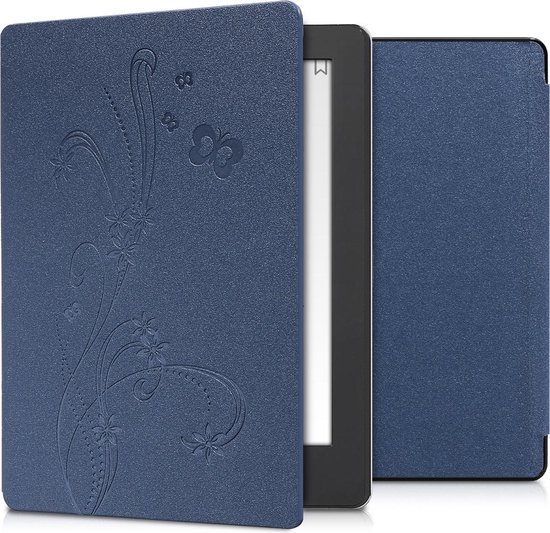 kwmobile e-reader hoesje geschikt voor Kobo Aura H2O Edition 2 hoes - E reader flip case met magnetische sluiting - Ereader cover - Stengels en Vlinder design in donkerblauw van Merkloos