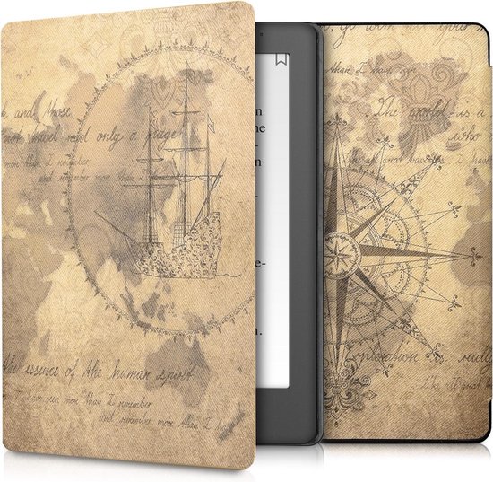 kwmobile e-reader hoesje geschikt voor Kobo Aura H2O Edition 2 hoes - E reader flip case met magnetische sluiting - Ereader cover - Vintage Travel design in bruin / lichtbruin van Merkloos