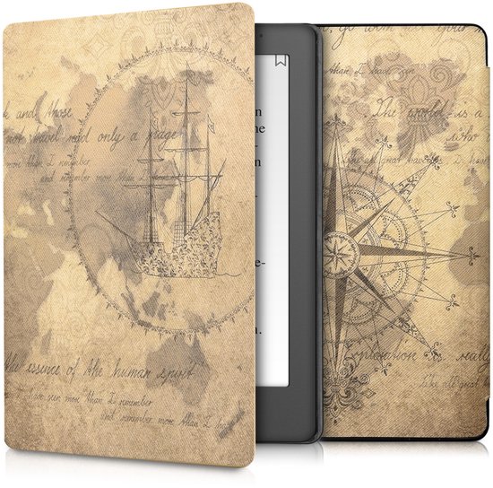 kwmobile e-reader hoesje geschikt voor Kobo Aura H2O Edition 2 hoes - E reader flip case met magnetische sluiting - Ereader cover - Vintage Travel design in bruin / lichtbruin