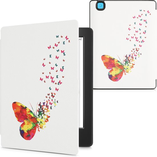 kwmobile e-reader hoesje geschikt voor Kobo Aura H2O Edition 2 hoes - E reader flip case met magnetische sluiting - Ereader cover - Zwerm Vlinders design in meerkleurig / roze / wit van Merkloos