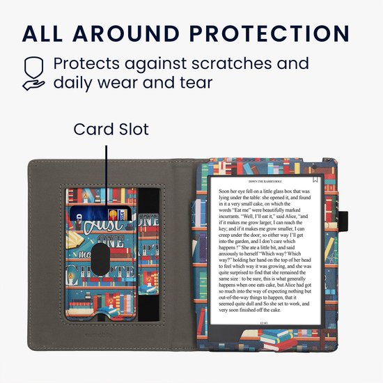 kwmobile e-reader hoesje geschikt voor Kobo Aura H2O Edition 2 hoes - E reader flip case van kunstleer - Ereader cover met stand - bibliotheek design in meerkleurig