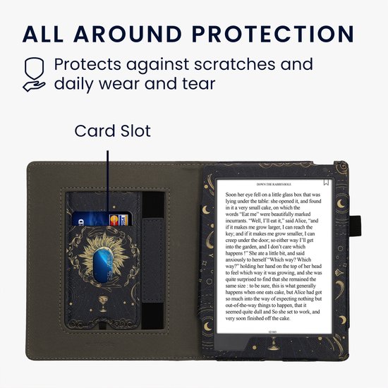 kwmobile e-reader hoesje geschikt voor Kobo Aura H2O Edition 2 hoes - E reader flip case van kunstleer - Ereader cover met stand - Tarotkaart design in donkerblauw / geel / zwart