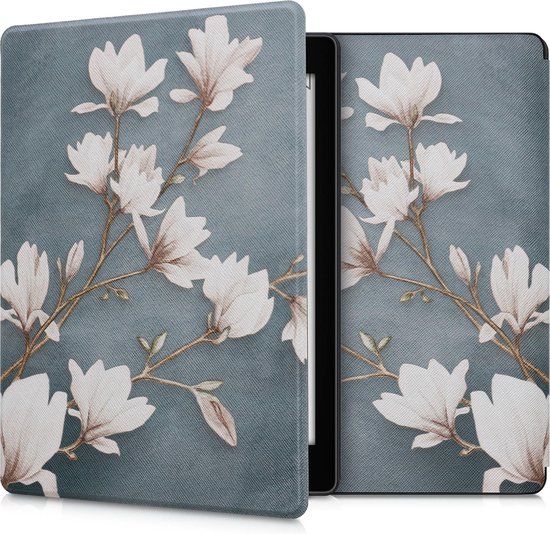 kwmobile e-reader hoesje geschikt voor Kobo Aura ONE hoes - E reader flip case met magnetische sluiting - Ereader cover - Magnolia design in taupe / wit / blauwgrijs