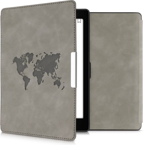 kwmobile e-reader hoesje geschikt voor Kobo Aura ONE hoes - Ereader flip case met standaard - Kunstleren e reader cover - Wereldkaart design in grijs van kwmobile