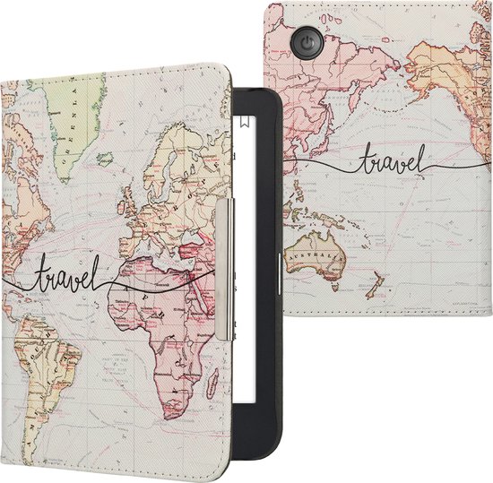 kwmobile e-reader hoesje geschikt voor Kobo Clara 2E hoes - E reader flip case met magneetsluiting - Ereader cover - Travel Wereldkaart design in zwart / meerkleurig van Merkloos