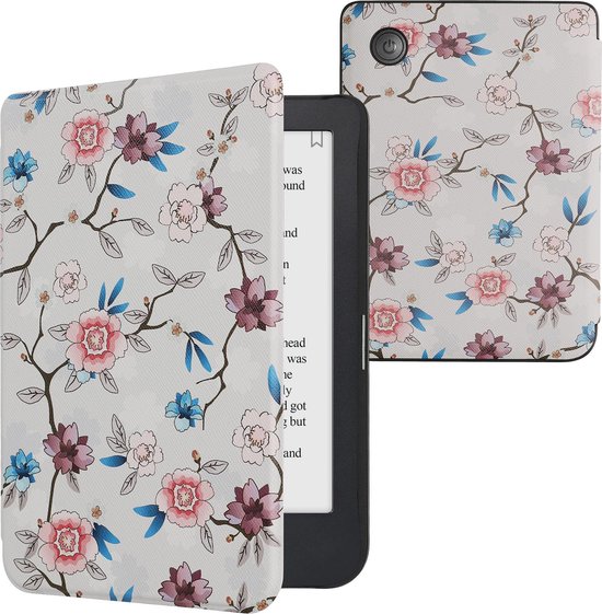 kwmobile e-reader hoesje geschikt voor Kobo Clara 2E hoes - E reader flip case met magnetische sluiting - Ereader cover - Elegante bloemen design in wit / poederroze / blauw van Merkloos