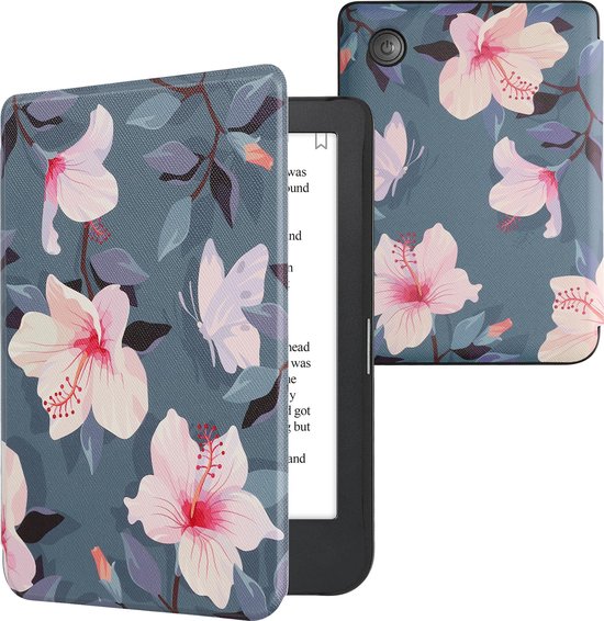 kwmobile e-reader hoesje geschikt voor Kobo Clara 2E hoes - E reader flip case met magnetische sluiting - Ereader cover - Fuchsia bloemen design in wit / poederroze / paars van Merkloos