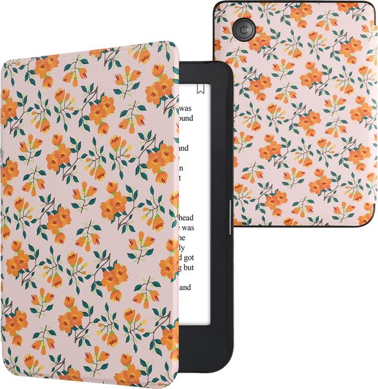 kwmobile e-reader hoesje geschikt voor Kobo Clara 2E hoes - E reader flip case met magnetische sluiting - Ereader cover - Gele bloemen design in geel / groen / beige van Merkloos