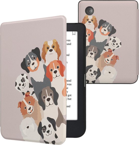 kwmobile e-reader hoesje geschikt voor Kobo Clara 2E hoes - E reader flip case met magnetische sluiting - Ereader cover - Grappige Honden design in bruin / wit / taupe van Merkloos