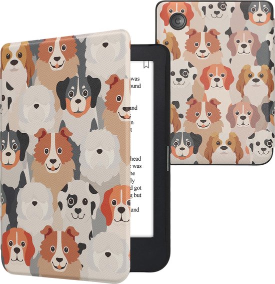 kwmobile e-reader hoesje geschikt voor Kobo Clara 2E hoes - E reader flip case met magnetische sluiting - Ereader cover - Honden Ontwerp design in wit / lichtbruin / grijs