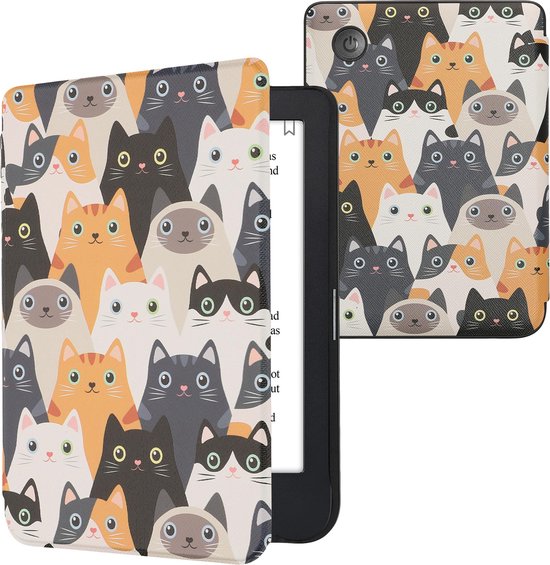 kwmobile e-reader hoesje geschikt voor Kobo Clara 2E hoes - E reader flip case met magnetische sluiting - Ereader cover - Katten design in oranje / zwart / wit van Merkloos