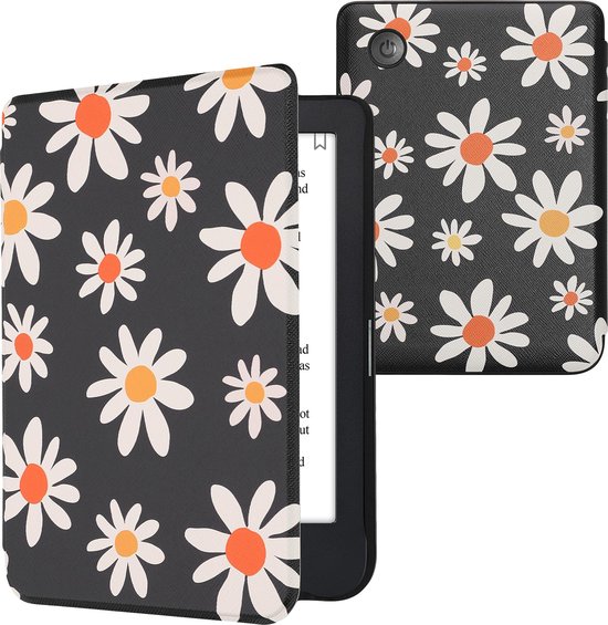 kwmobile e-reader hoesje geschikt voor Kobo Clara 2E hoes - E reader flip case met magnetische sluiting - Ereader cover - Madeliefjes design in blauw / wit / geel van Merkloos