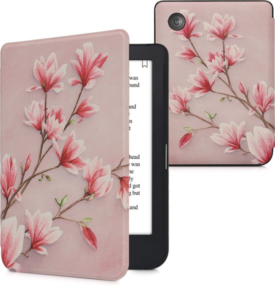 kwmobile e-reader hoesje geschikt voor Kobo Clara 2E hoes - E reader flip case met magnetische sluiting - Ereader cover - Magnolia design in poederroze / wit / oudroze van Merkloos