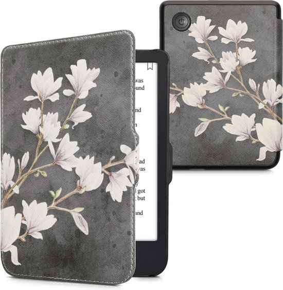 kwmobile e-reader hoesje geschikt voor Kobo Clara 2E hoes - E reader flip case met magnetische sluiting - Ereader cover - Magnolia design in taupe / wit / donkergrijs van kwmobile