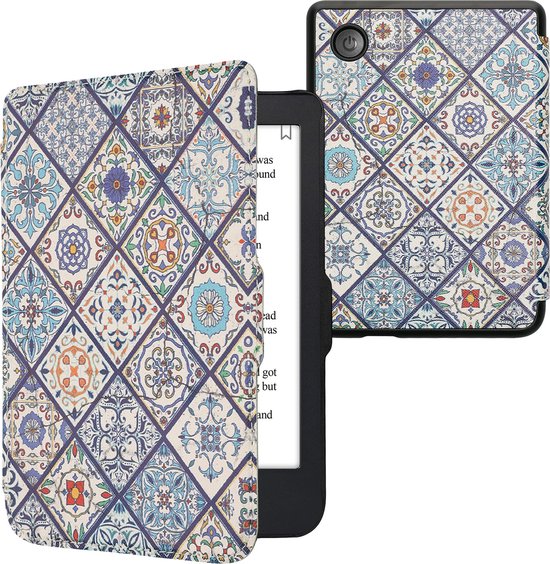 kwmobile e-reader hoesje geschikt voor Kobo Clara 2E hoes - E reader flip case met magnetische sluiting - Ereader cover - Marokkaanse Tegels Bont design in blauw / oranje / wit van Merkloos