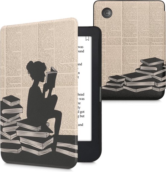 kwmobile e-reader hoesje geschikt voor Kobo Clara 2E hoes - E reader flip case met magnetische sluiting - Ereader cover - Meisje met boeken design in zwart / beige van Merkloos