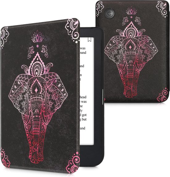 kwmobile e-reader hoesje geschikt voor Kobo Clara 2E hoes - E reader flip case met magnetische sluiting - Ereader cover - Olifantentekening design in roze / antraciet van Merkloos