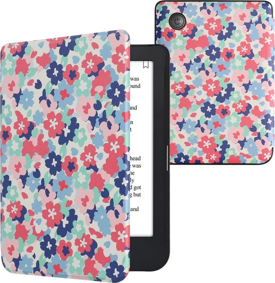 kwmobile e-reader hoesje geschikt voor Kobo Clara 2E hoes - E reader flip case met magnetische sluiting - Ereader cover - Pastelbloemen design in rood / oudroze / blauw van Merkloos