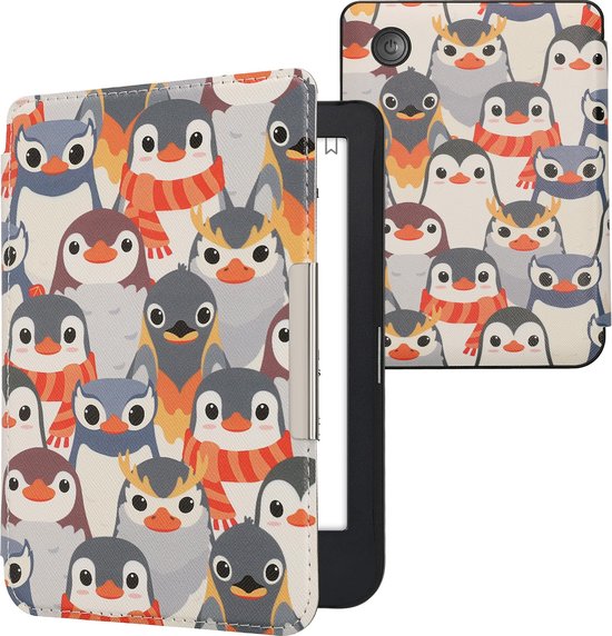 kwmobile e-reader hoesje geschikt voor Kobo Clara 2E hoes - E reader flip case met magnetische sluiting - Ereader cover - Pinguïn Ontwerp design in grijs / geel / bruin van Merkloos