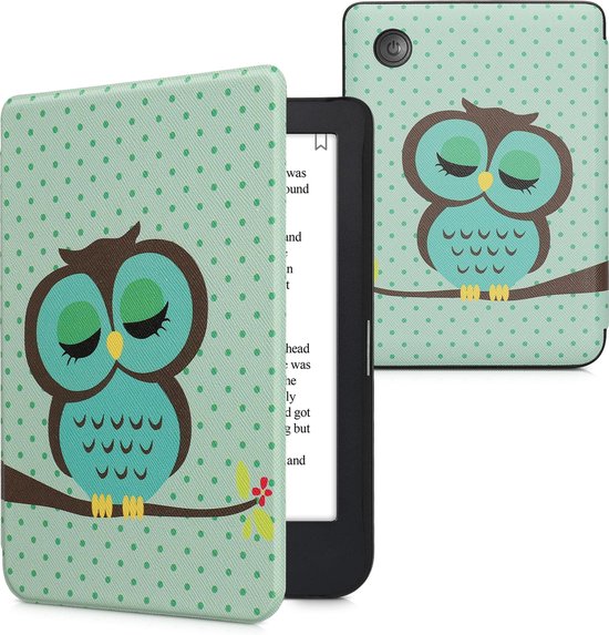 kwmobile e-reader hoesje geschikt voor Kobo Clara 2E hoes - E reader flip case met magnetische sluiting - Ereader cover - Slapende Uil design in turquoise / bruin / mintgroen