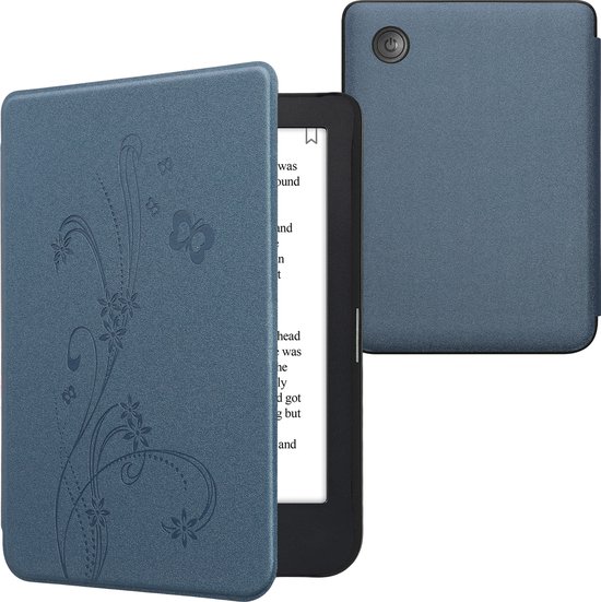 kwmobile e-reader hoesje geschikt voor Kobo Clara 2E hoes - E reader flip case met magnetische sluiting - Ereader cover - Stengels en Vlinder design in donkerblauw van Merkloos