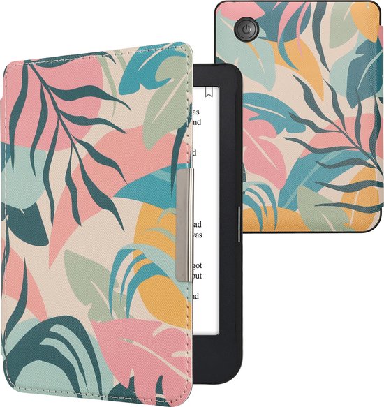 kwmobile e-reader hoesje geschikt voor Kobo Clara 2E hoes - E reader flip case met magnetische sluiting - Ereader cover - Tropische jungle design in poederroze / geel / groen van Merkloos