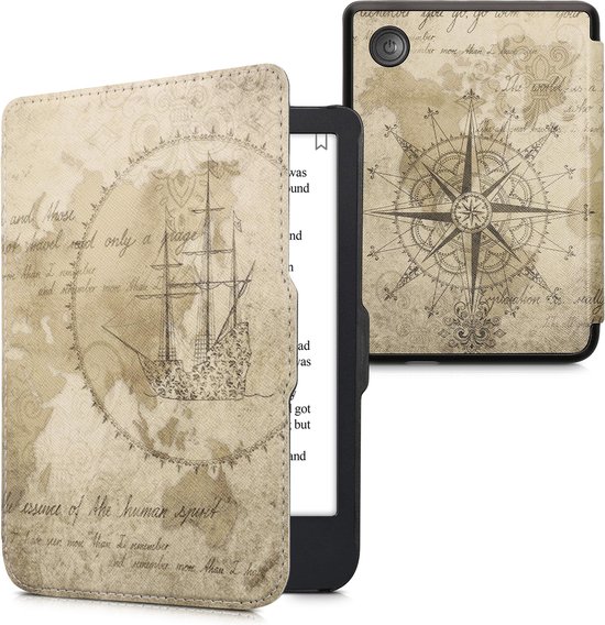 kwmobile e-reader hoesje geschikt voor Kobo Clara 2E hoes - E reader flip case met magnetische sluiting - Ereader cover - Vintage Travel design in bruin / lichtbruin van Merkloos