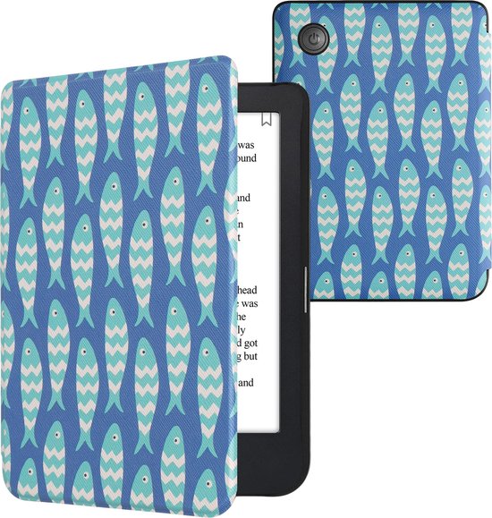 kwmobile e-reader hoesje geschikt voor Kobo Clara 2E hoes - E reader flip case met magnetische sluiting - Ereader cover - Visjespatroon design in blauw / lichtblauw / wit van Merkloos