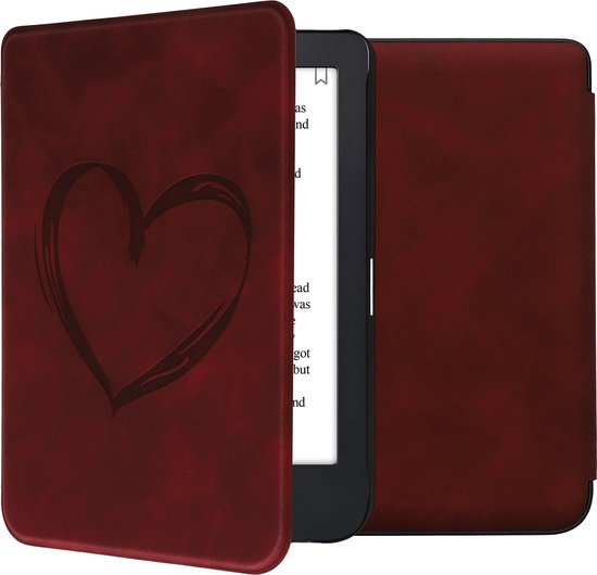 kwmobile e-reader hoesje geschikt voor Kobo Clara 2E hoes - Ereader flip case met standaard - Kunstleren e reader cover - Brushed Hart design in donkerrood